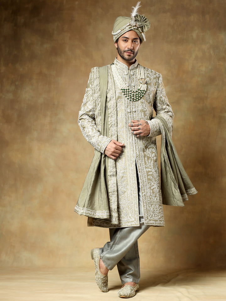 Pista Embroidered Sherwani Set
