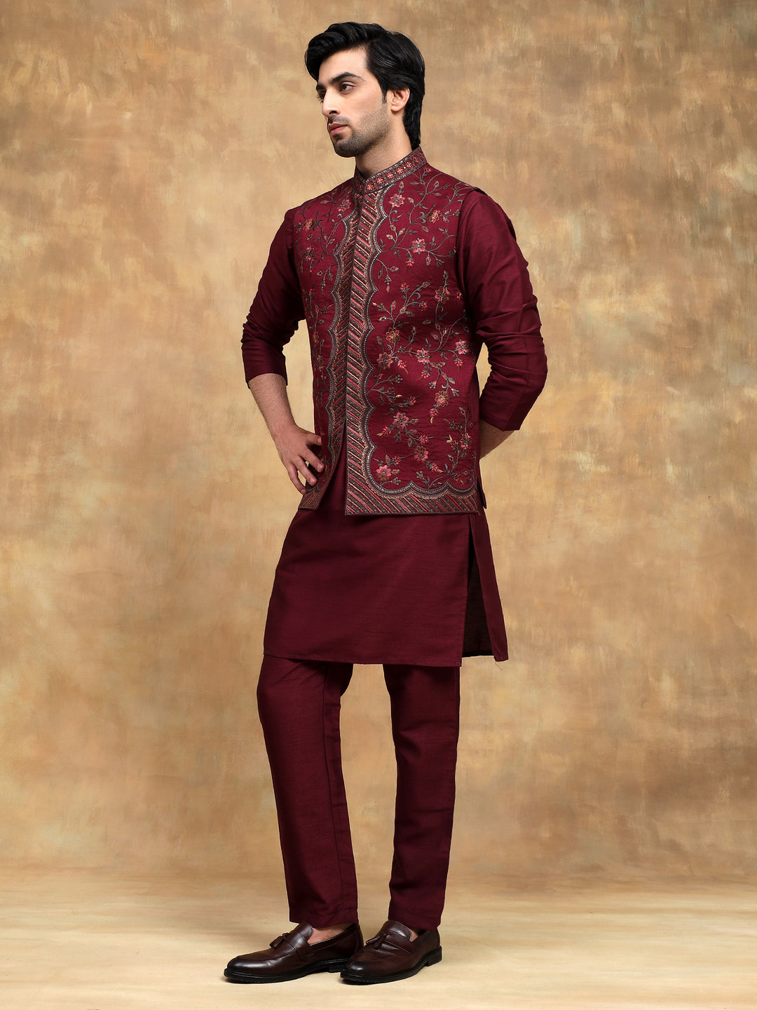 Wine Velvet Nehru Jacket Set