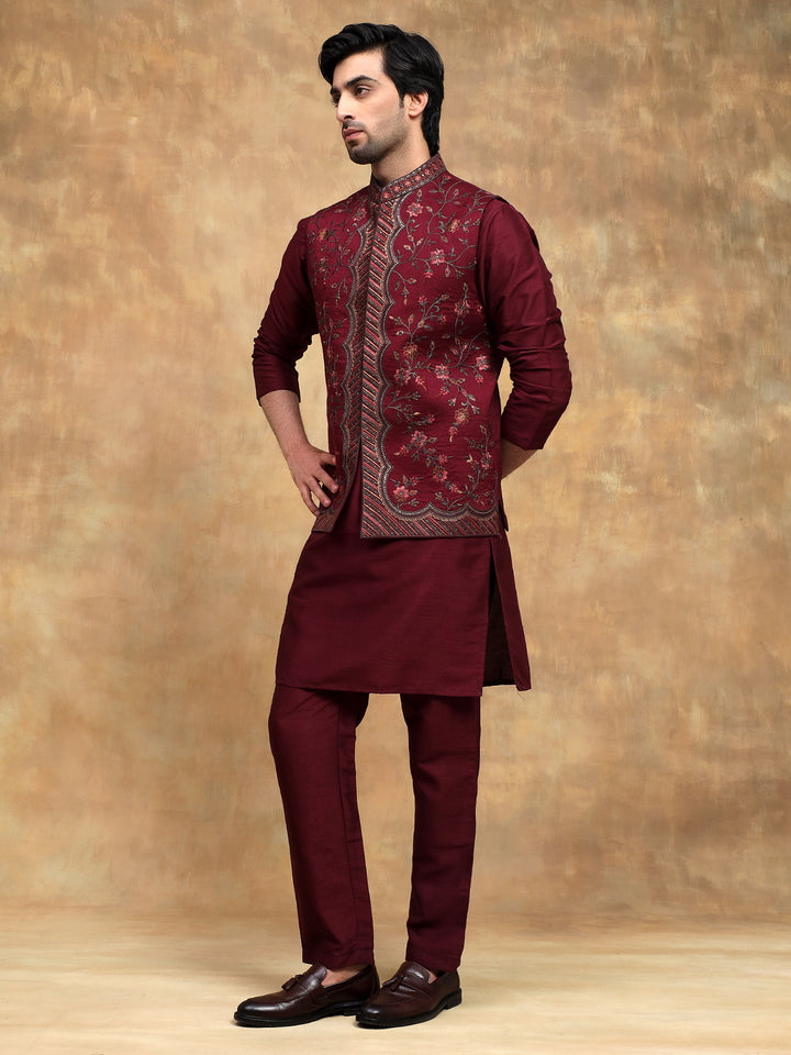 Wine Velvet Nehru Jacket Set