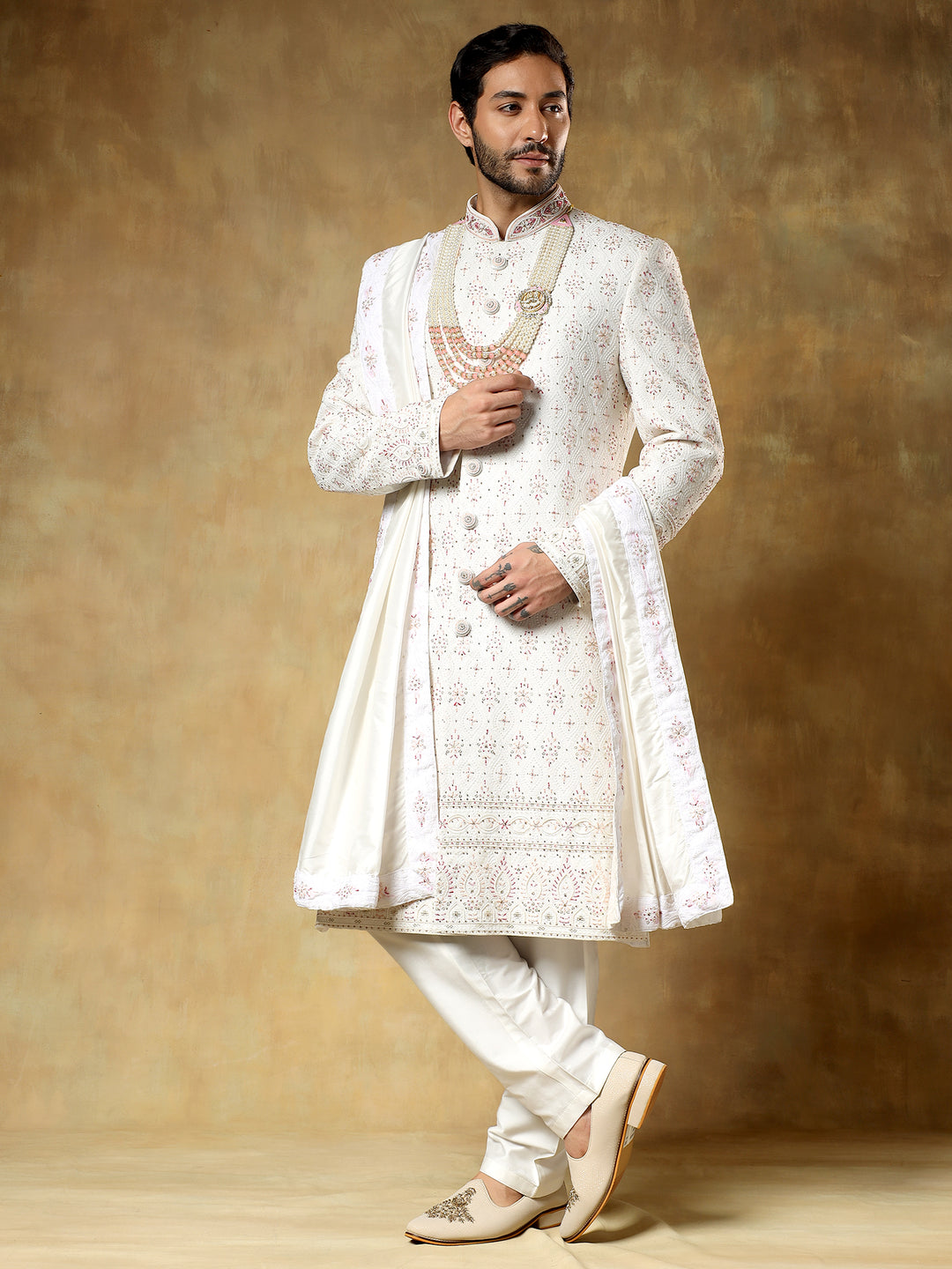 Off white Embroidered Sherwani with Stole
