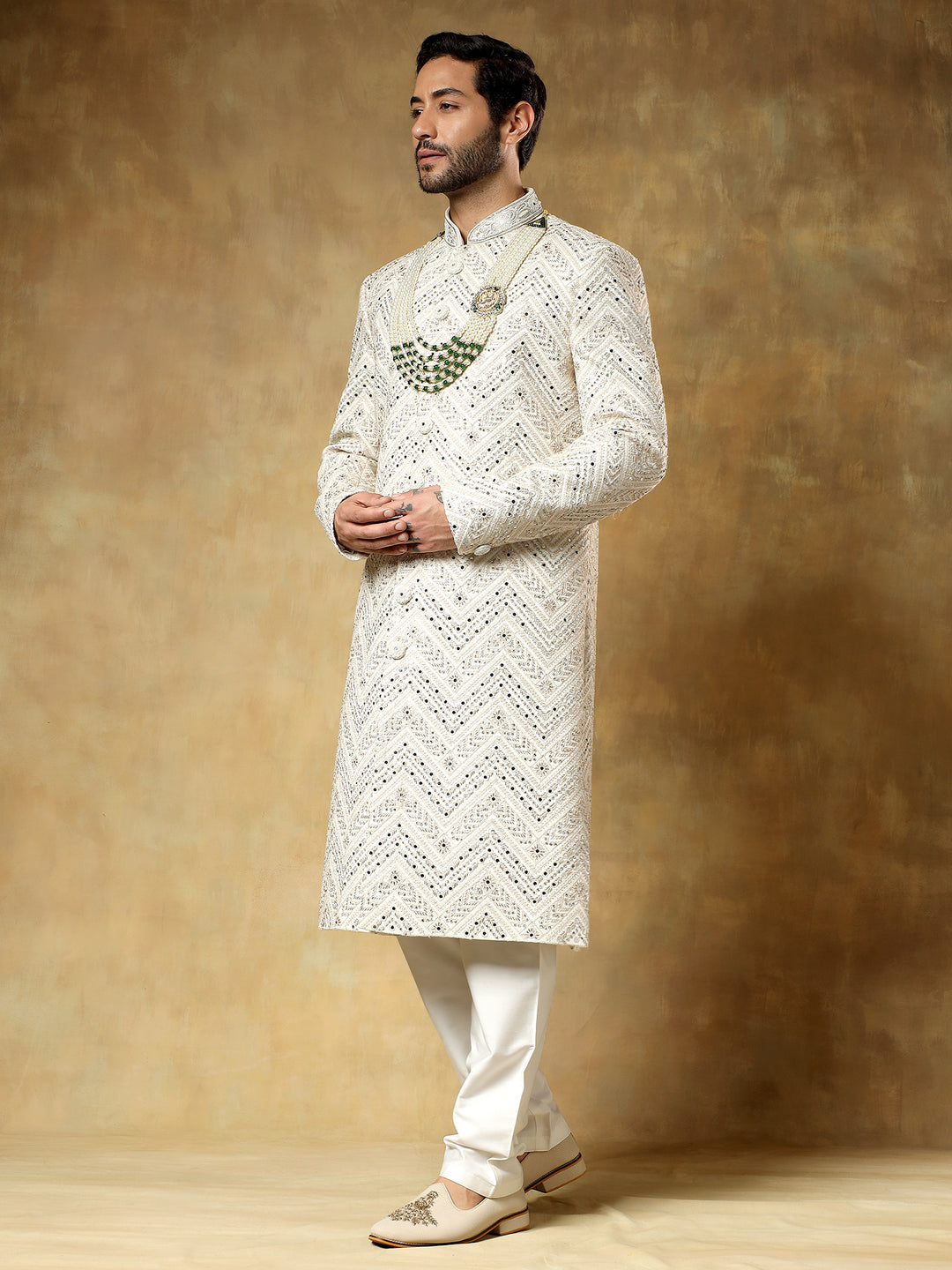 Cream Embroidered Sherwani Set