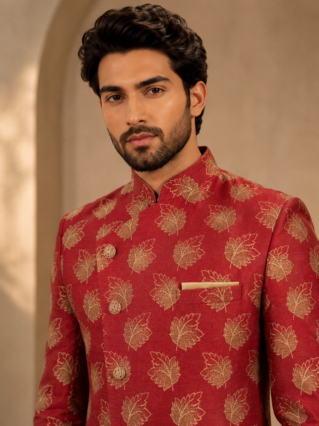Maroon Indo Western with Gold Leaf Jacquard