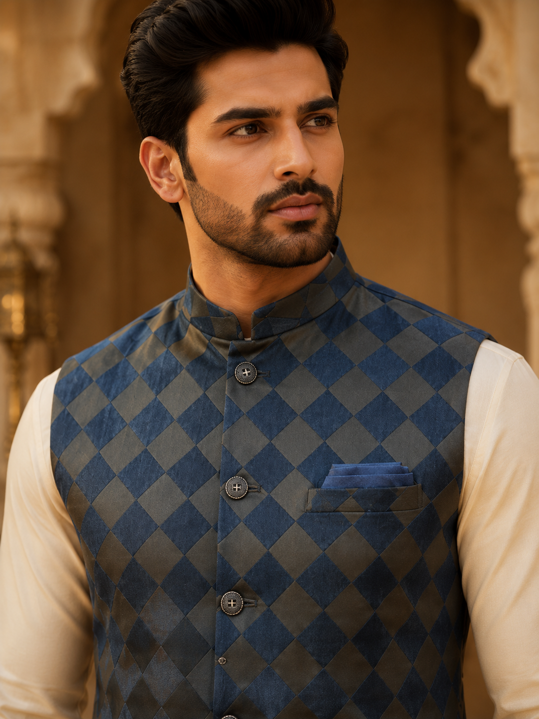 Navy Blue Nehru Waistcoat with Jacquard Checks