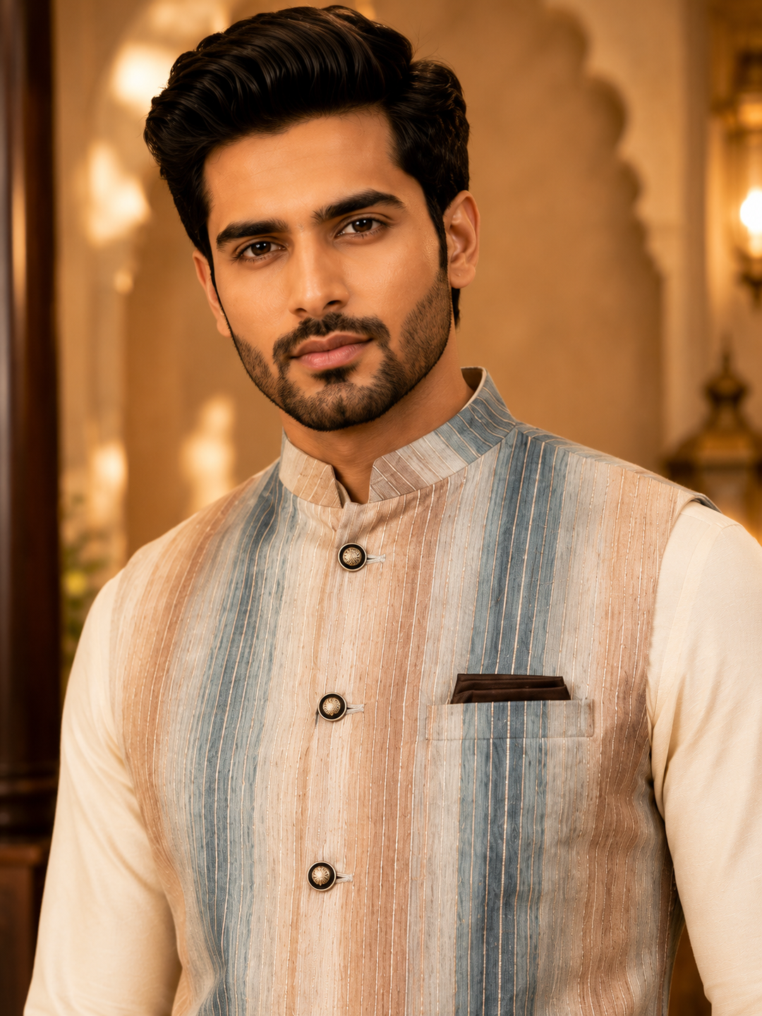 Blue & Beige Striped Woven Nehru Waistcoat