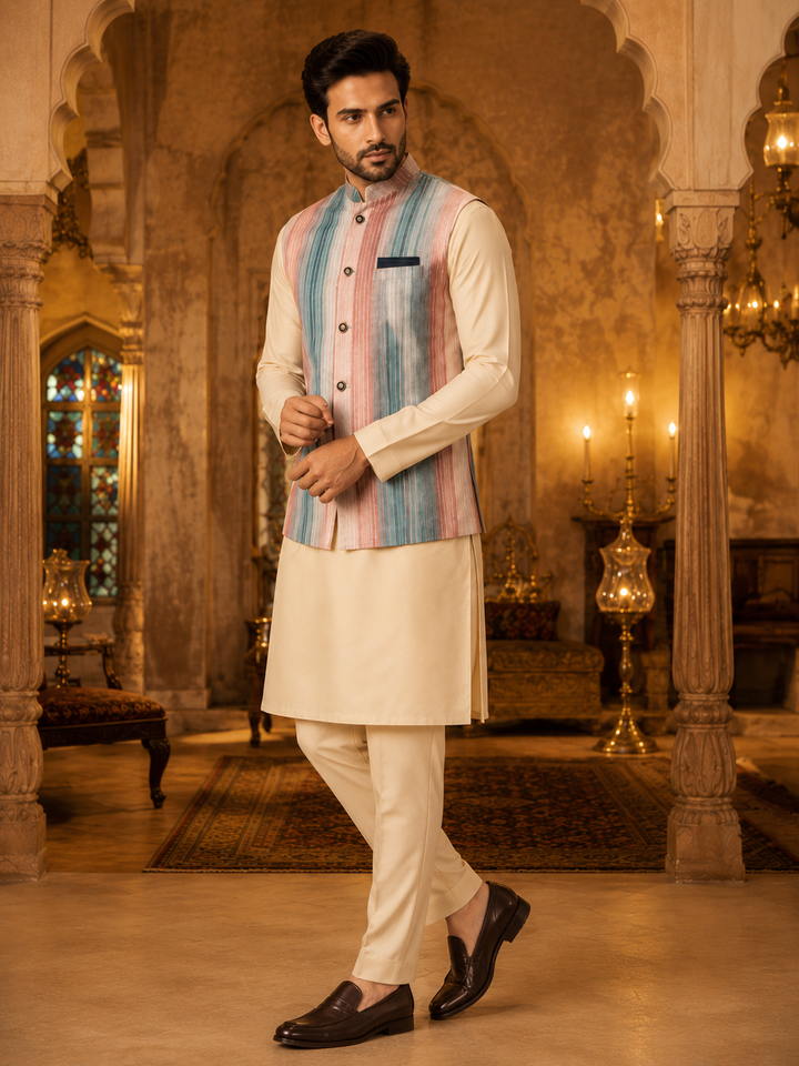 Dusty Rose & Teal Woven Nehru Waistcoat