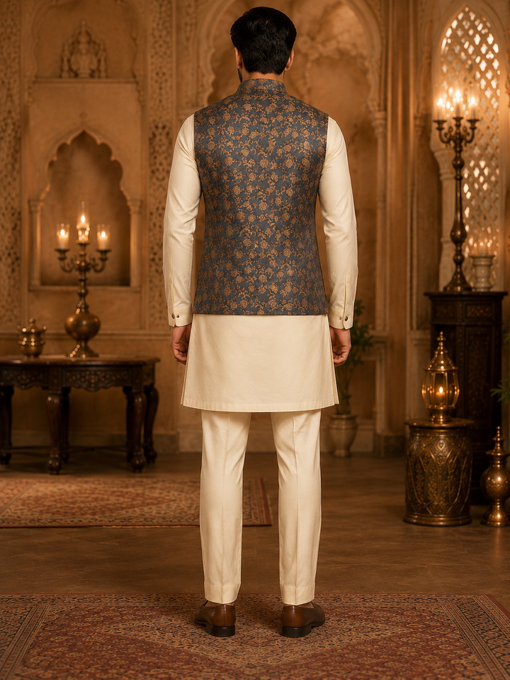 Charcoal Grey Nehru Waistcoat with Floral Jacquard