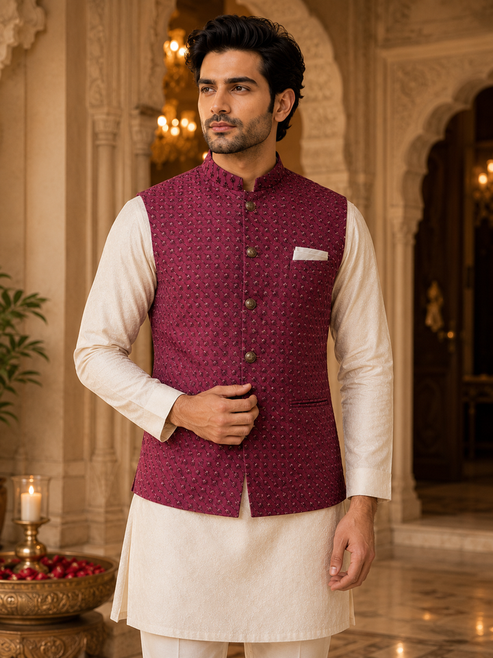 Maroon Nehru Waistcoat with Textured Woven Design