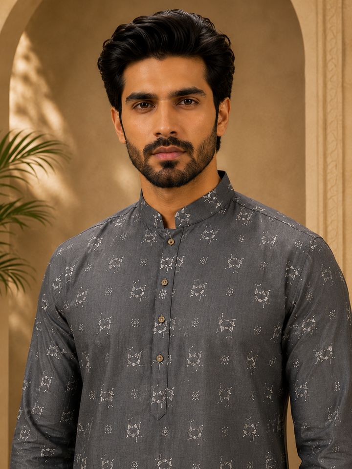 Grey Kurta Set with Woven Floral Motif
