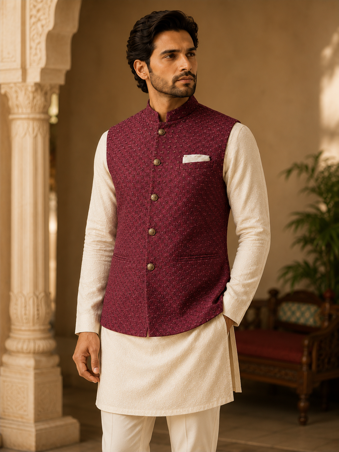 Maroon Nehru Waistcoat with Textured Woven Design