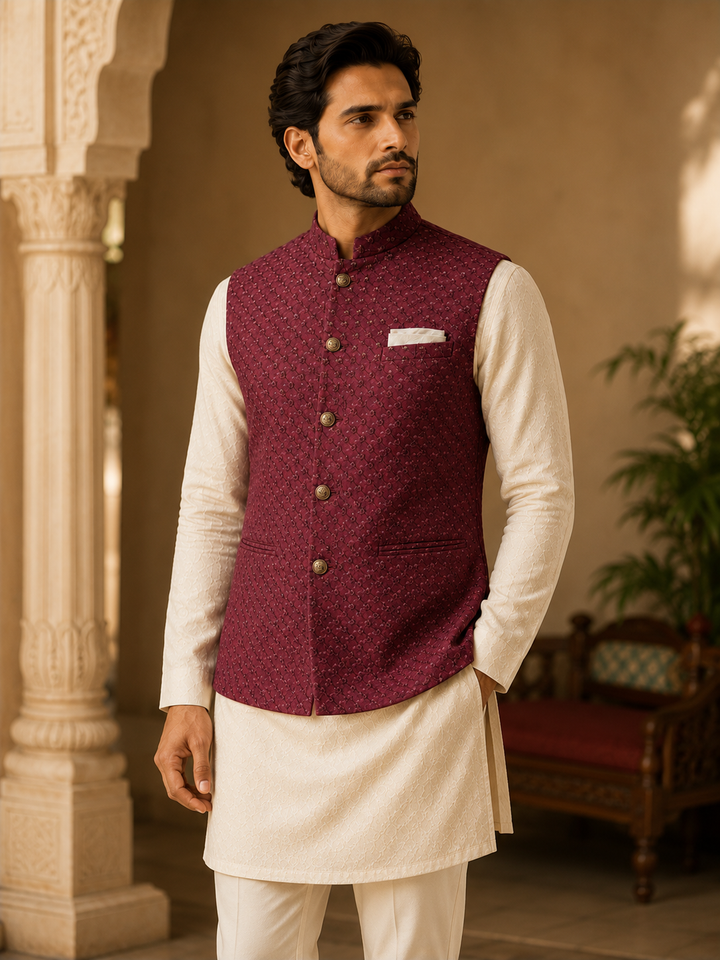Maroon Nehru Waistcoat with Textured Woven Design