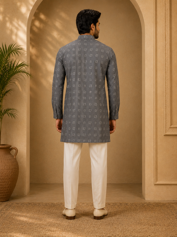Grey Kurta Set with Woven Floral Motif