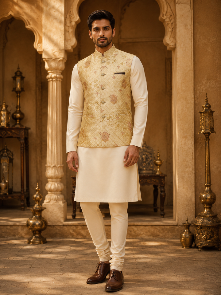 Gold Jacquard Nehru Waistcoat with Woven Motifs
