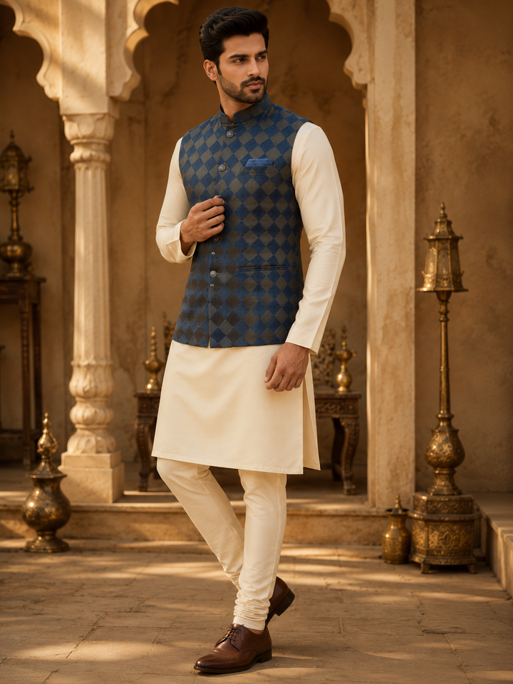 Navy Blue Nehru Waistcoat with Jacquard Checks