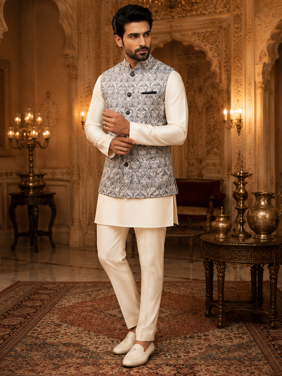 Silver Grey Jacquard Nehru Waistcoat