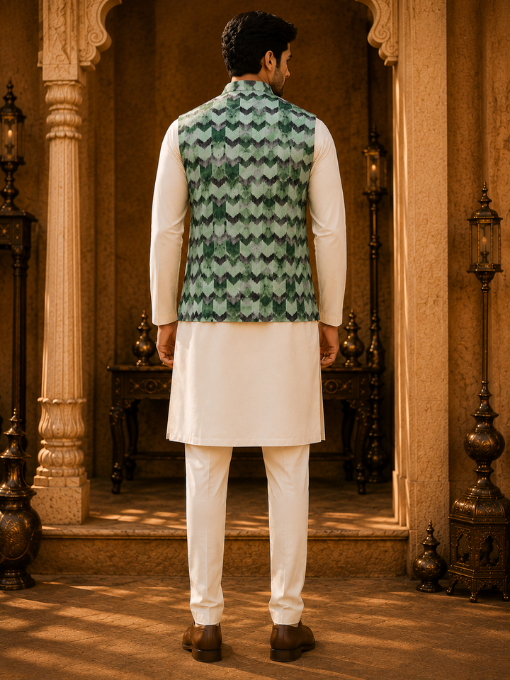 Green Printed Nehru Waistcoat for Men