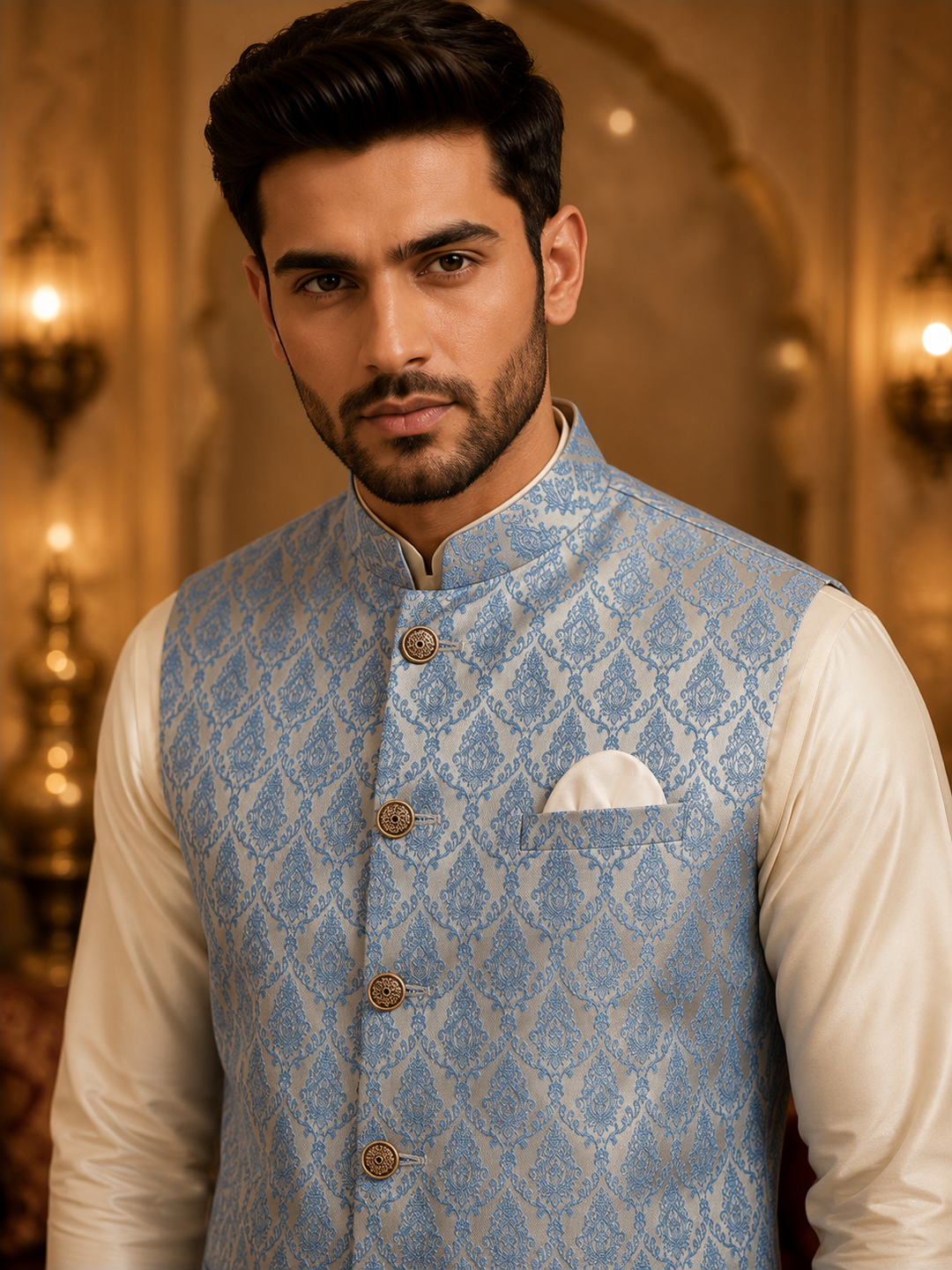 Sky Blue Jacquard Nehru Waistcoat