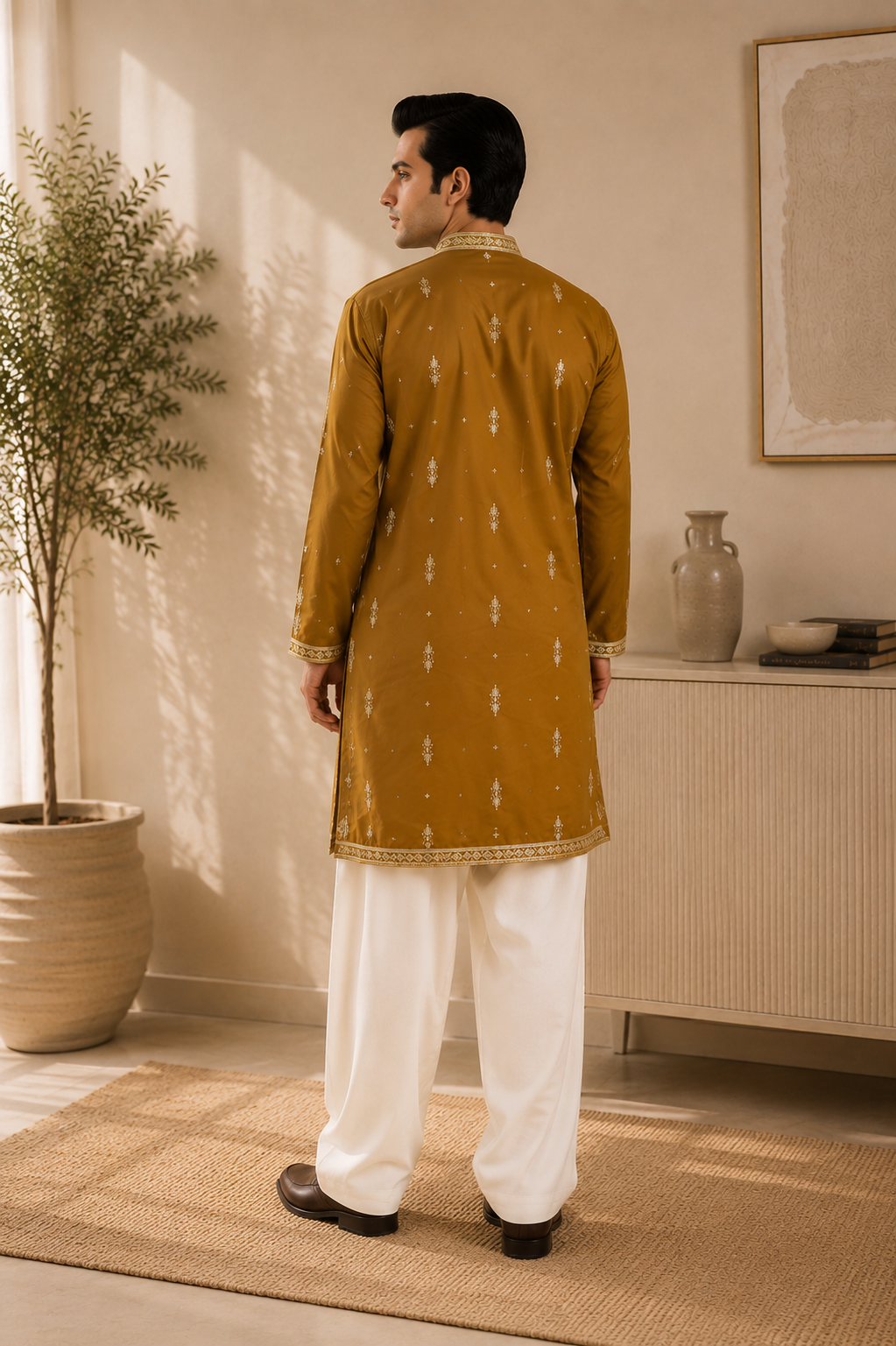 Mustard Gold Zari Embroidered Kurta