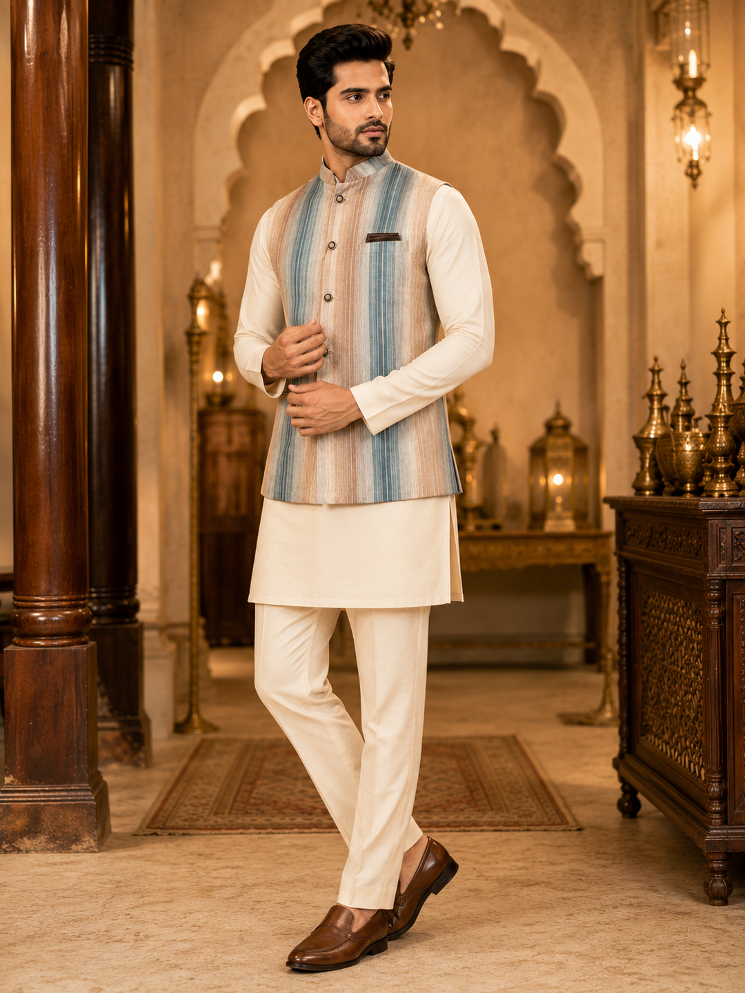 Blue & Beige Striped Woven Nehru Waistcoat
