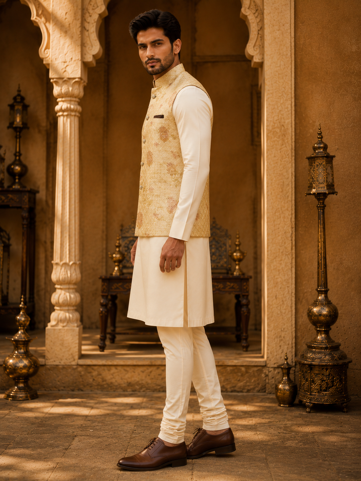 Gold Jacquard Nehru Waistcoat with Woven Motifs