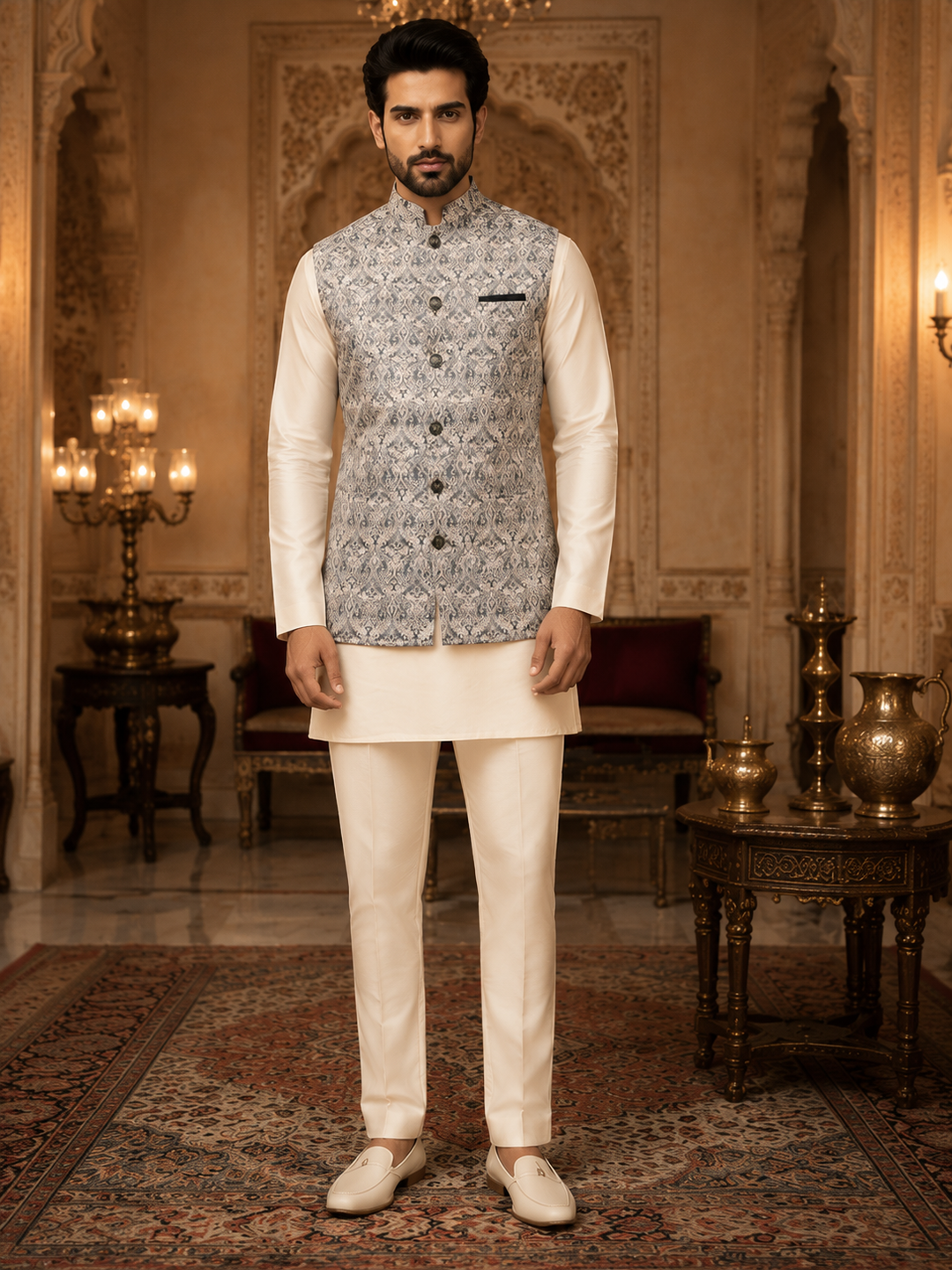 Silver Grey Jacquard Nehru Waistcoat