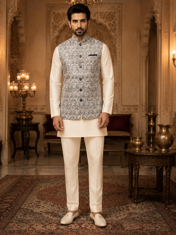 Silver Grey Jacquard Nehru Waistcoat