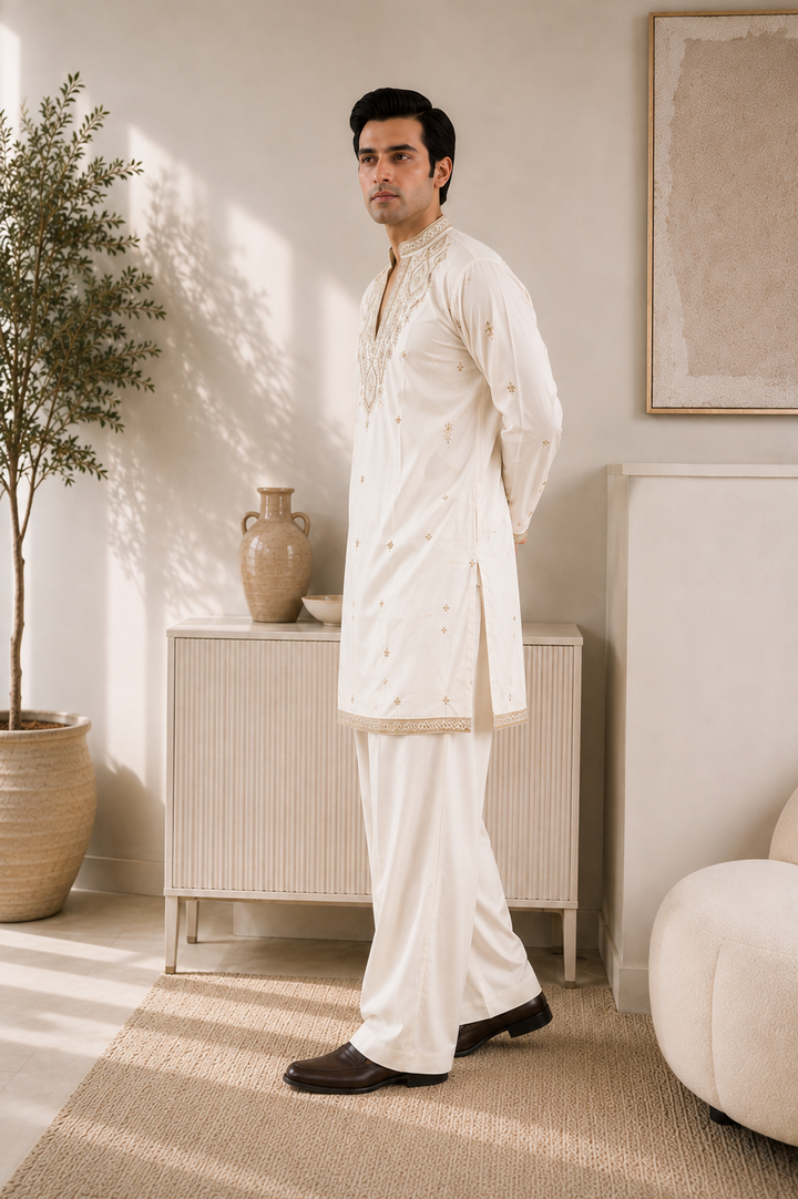 Ivory Gold Zari Embroidered Kurta