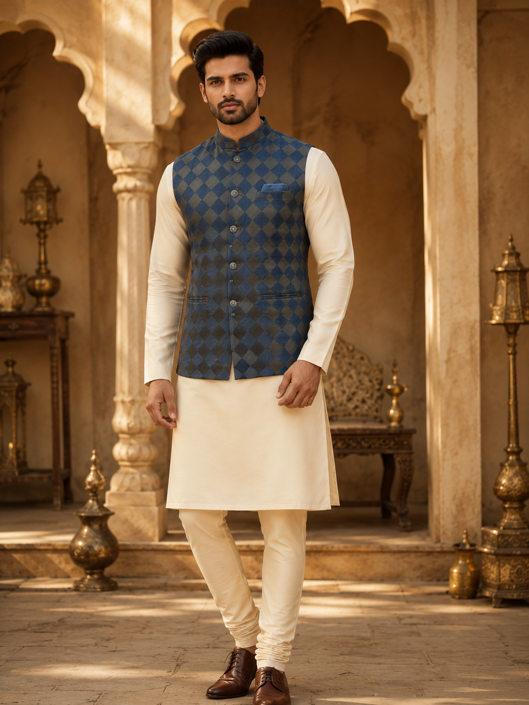 Navy Blue Nehru Waistcoat with Jacquard Checks