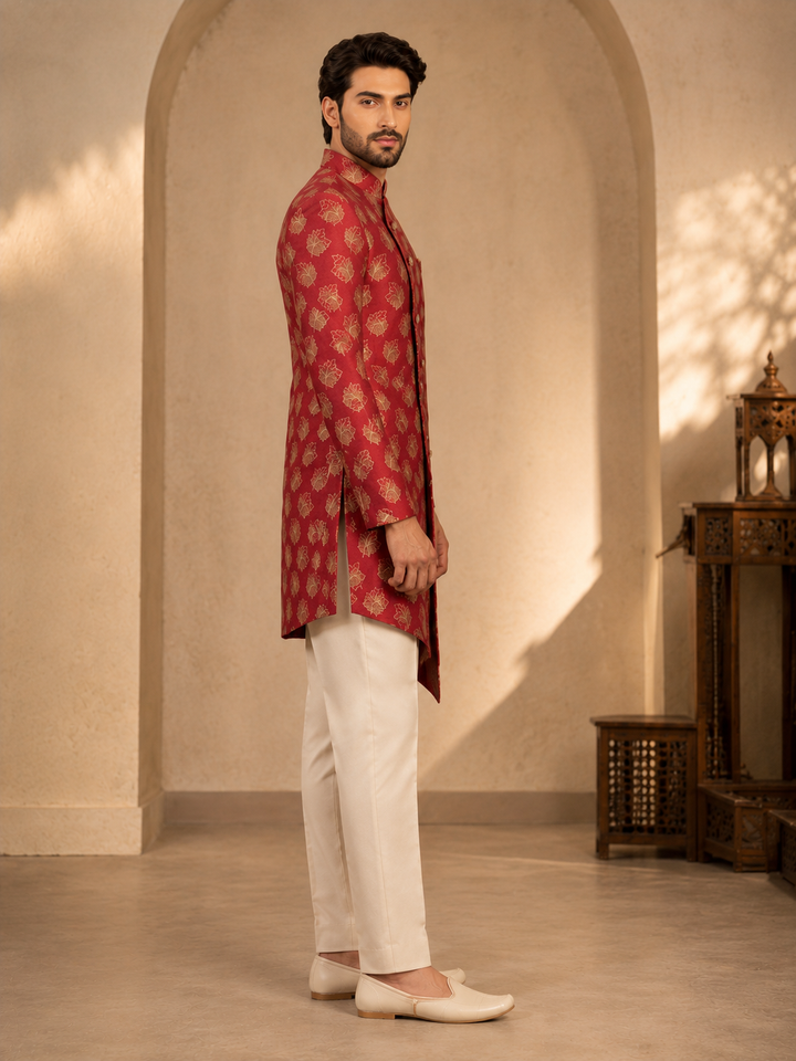 Maroon Indo Western with Gold Leaf Jacquard