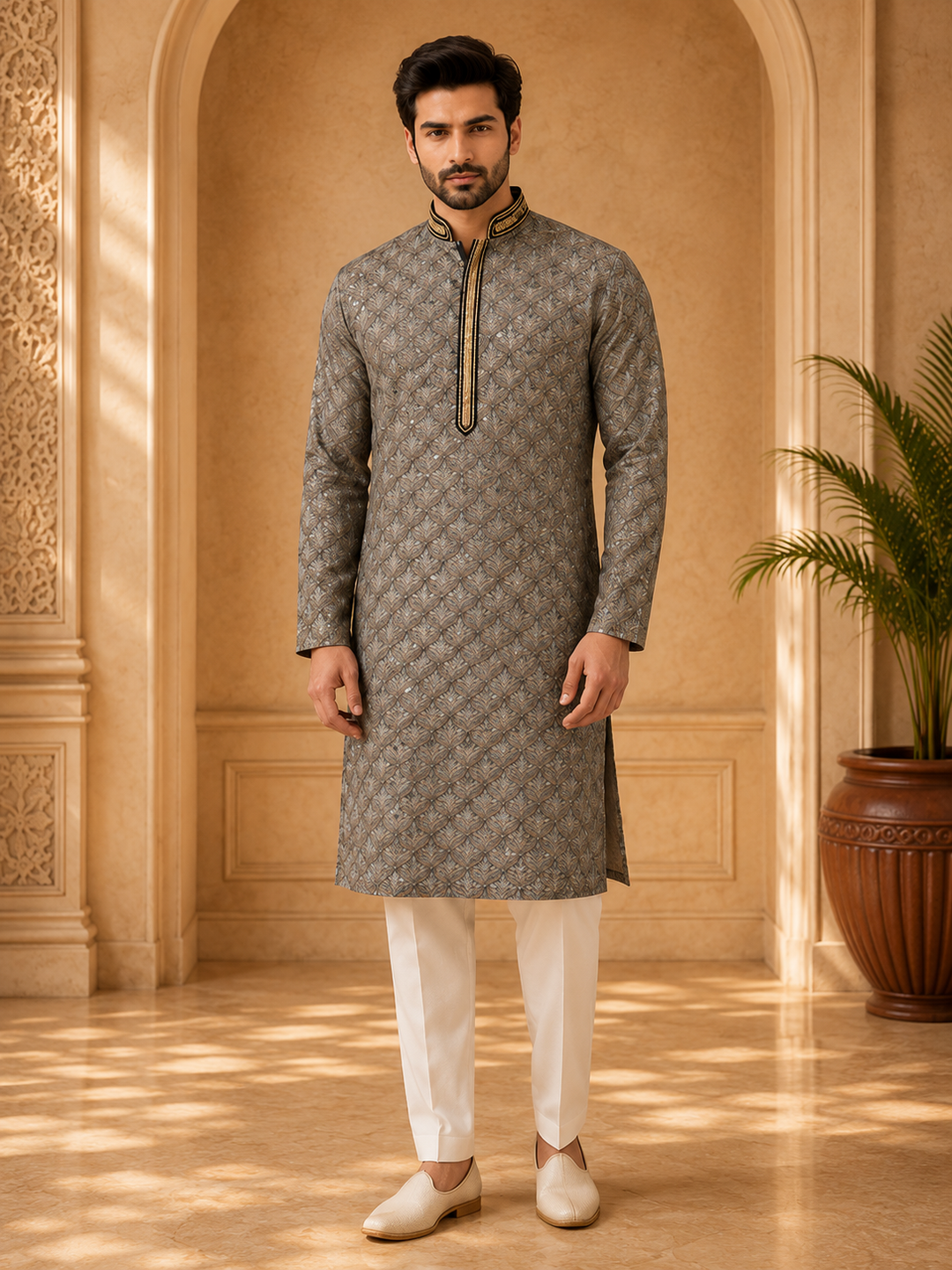 Taupe Kurta Set with Geometric Sequin Woven Design