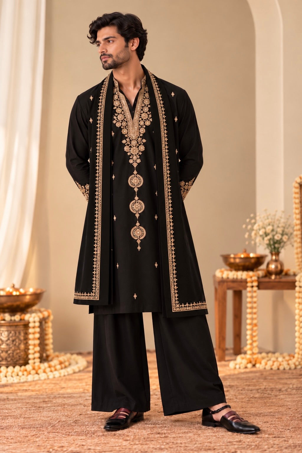 Black Embroidered Kurta Set with Wide-Leg Trousers for Men