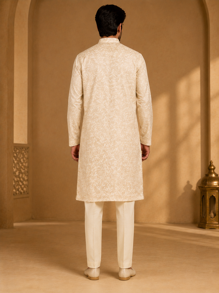 Beige self Printed Kurta Set for Men