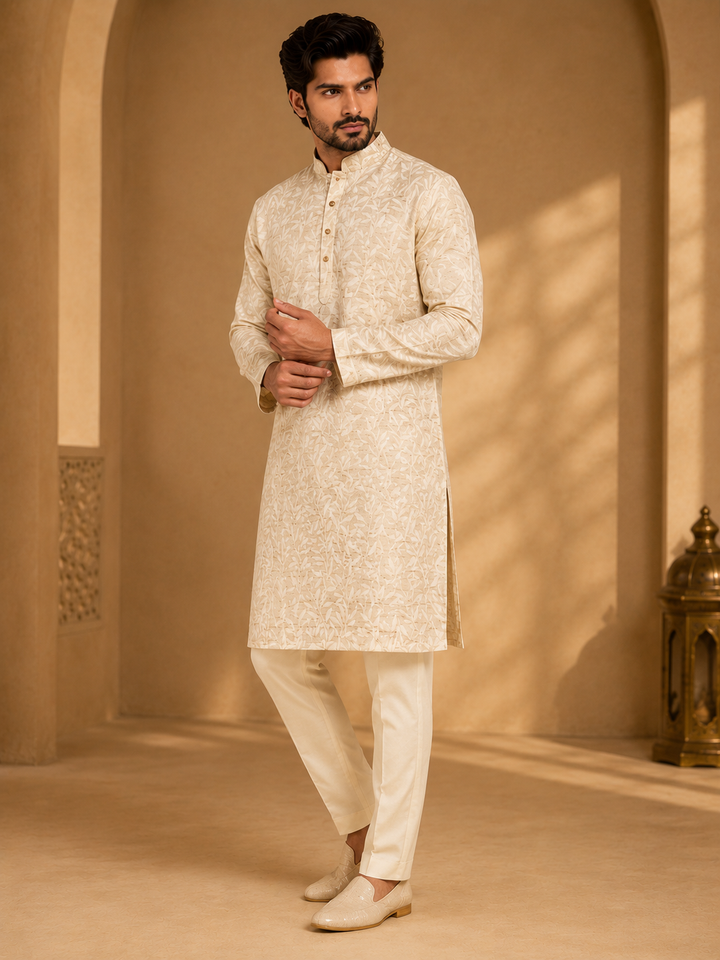 Beige self Printed Kurta Set for Men