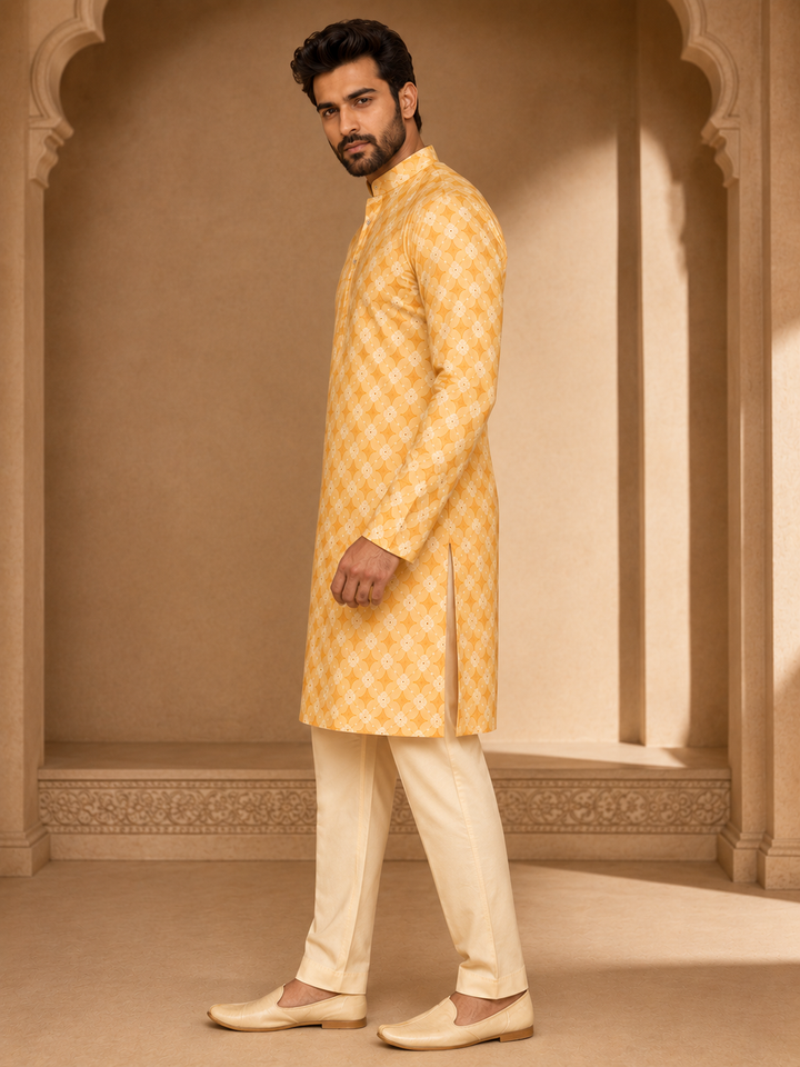 Yellow Printed Kurta Set for Men