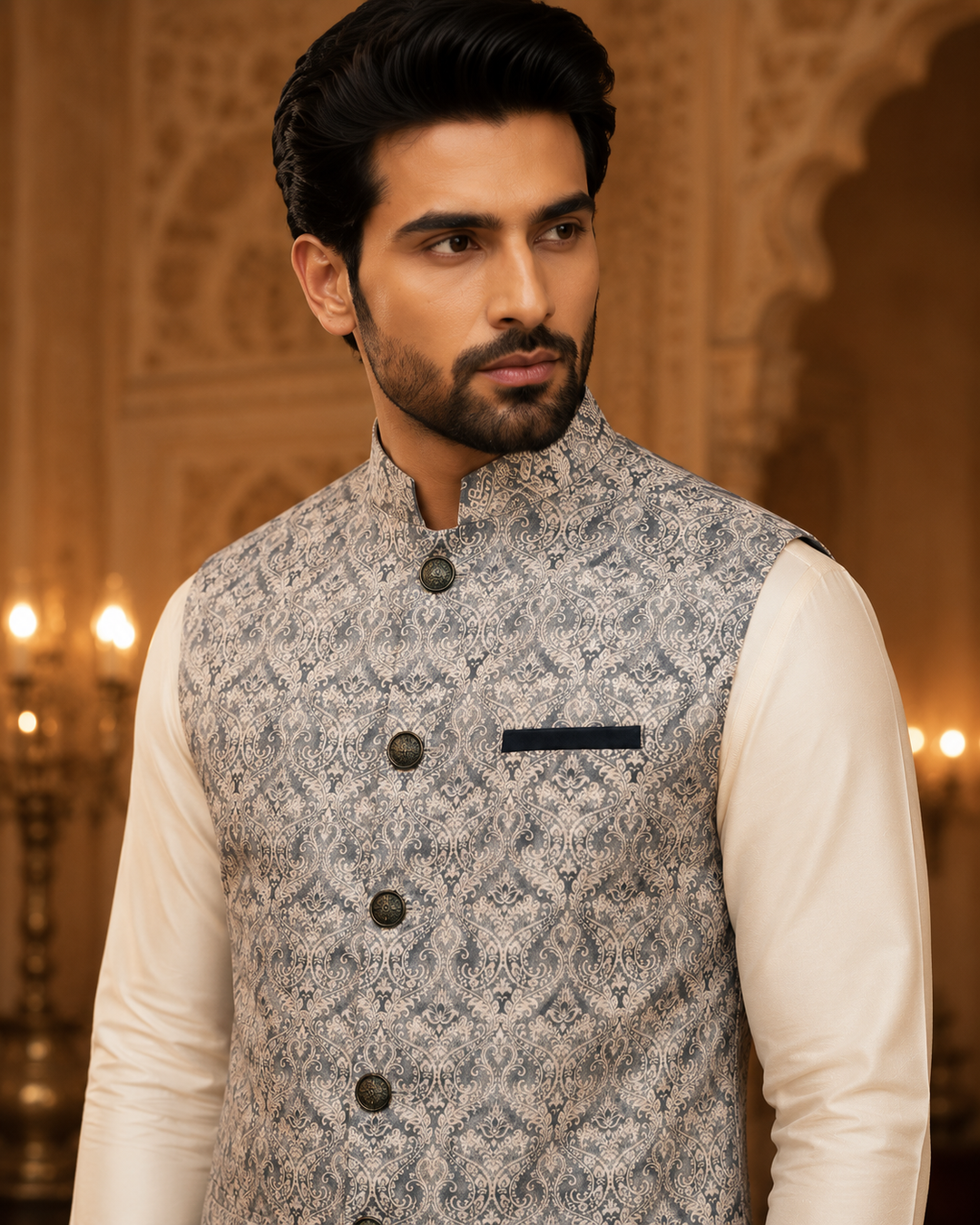 Silver Grey Jacquard Nehru Waistcoat