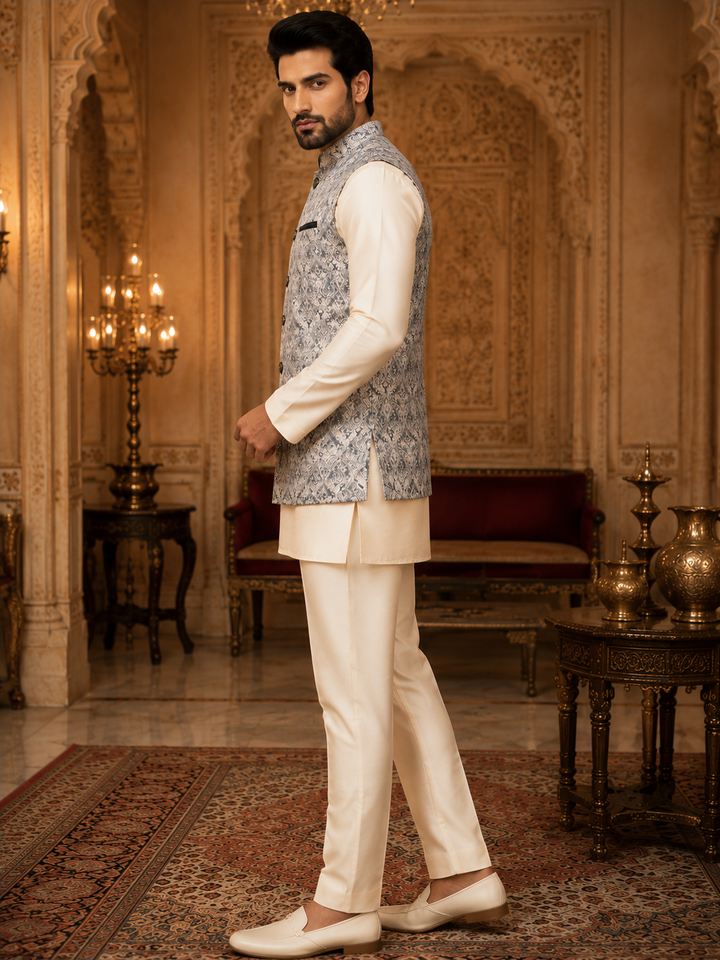 Silver Grey Jacquard Nehru Waistcoat
