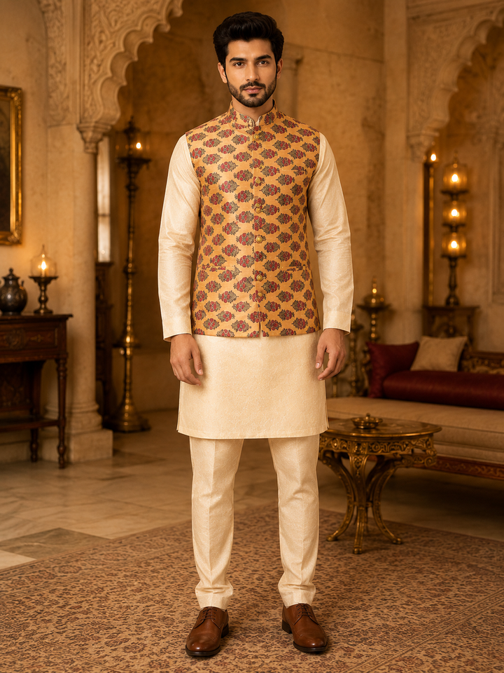 Peach Printed Nehru Waistcoat for Men