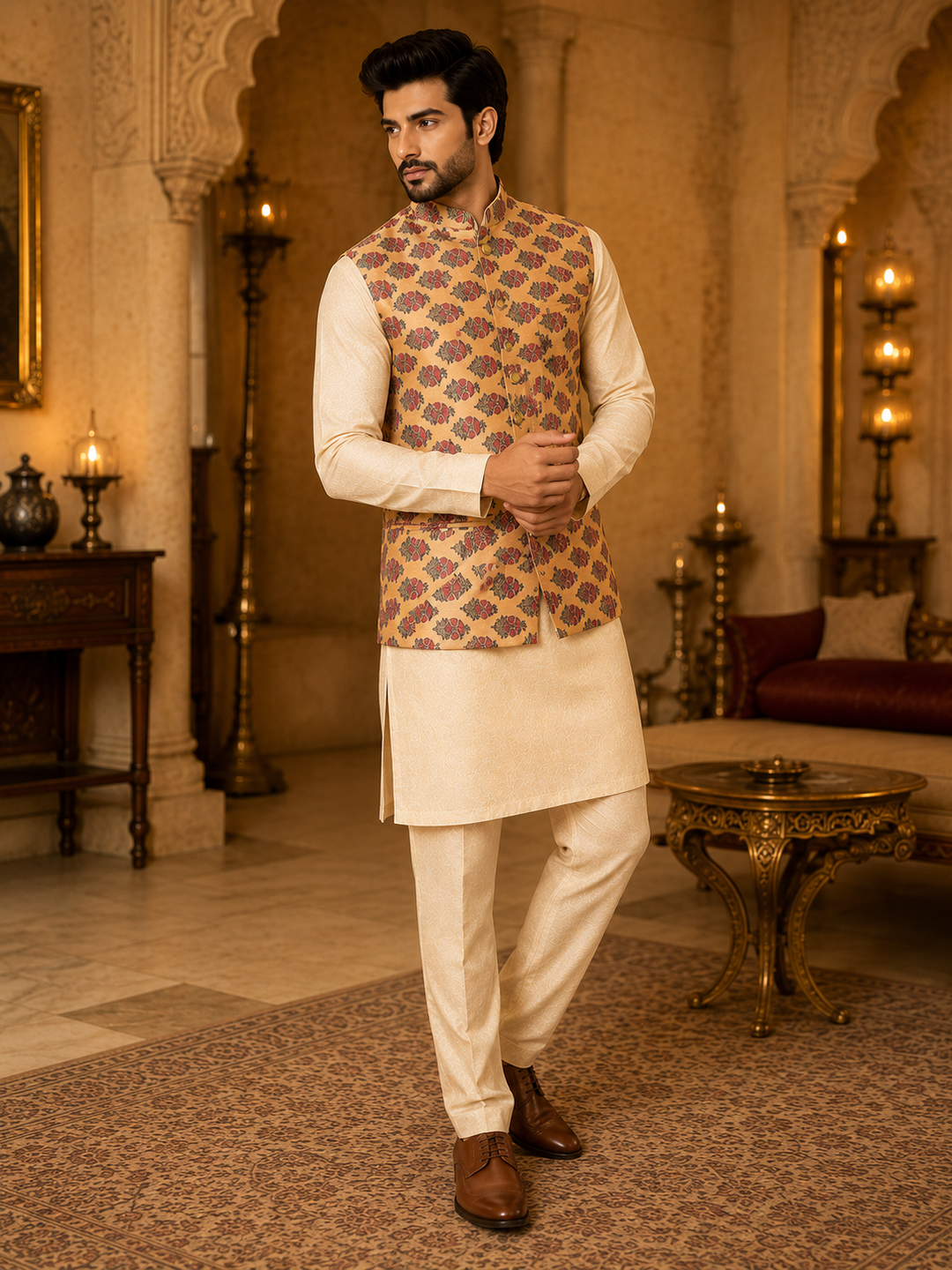 Peach Printed Nehru Waistcoat for Men