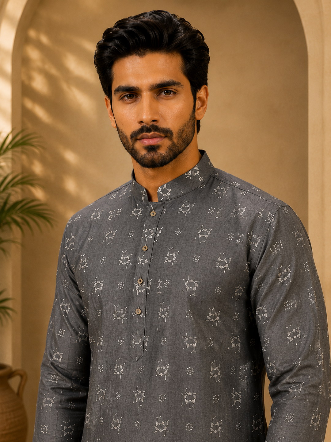 Grey Kurta Set with Woven Floral Motif