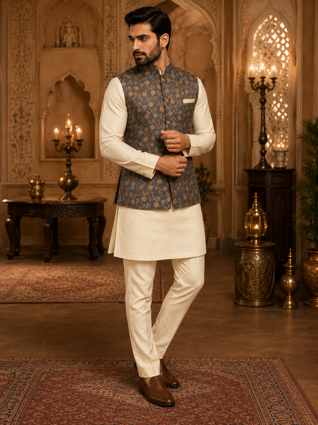 Charcoal Grey Nehru Waistcoat with Floral Jacquard