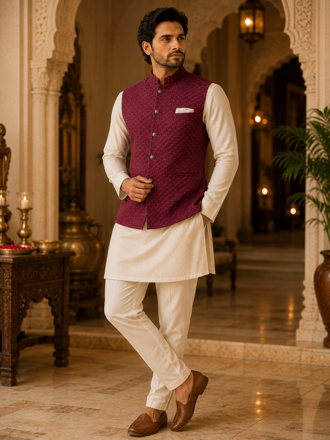 Maroon Nehru Waistcoat with Textured Woven Design