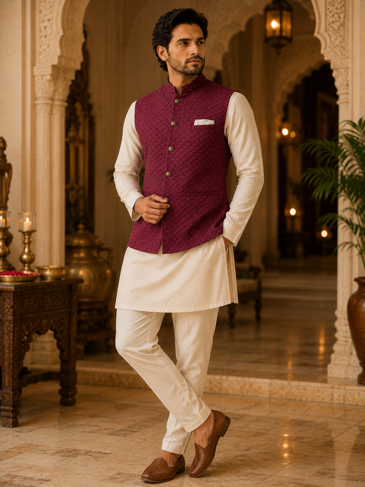 Maroon Nehru Waistcoat with Textured Woven Design