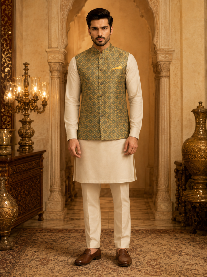 Olive Green Nehru Waistcoat with Jacquard Pattern