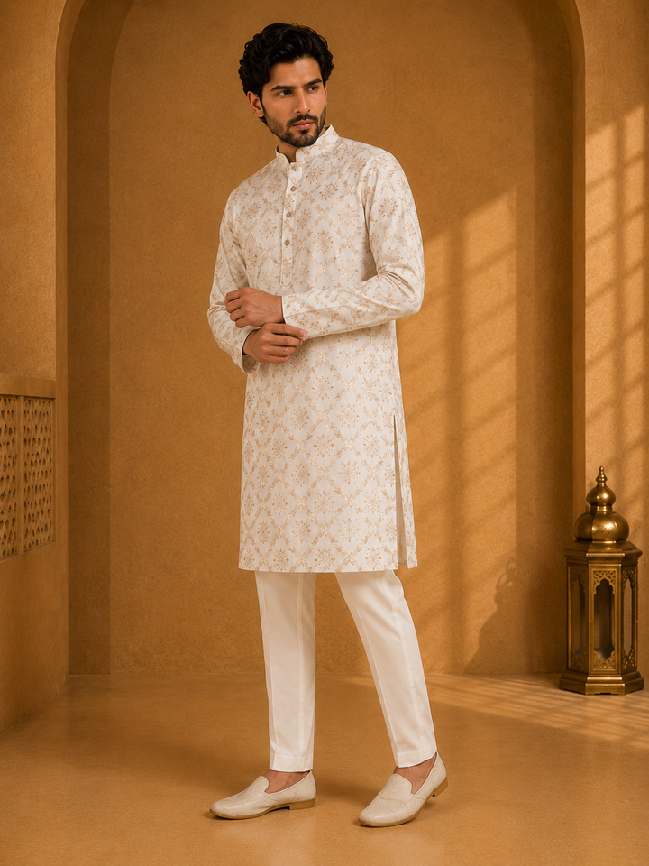 Champagne Kurta Set with Foil Printed Motif