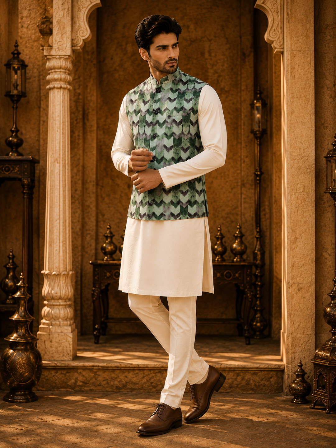 Green Printed Nehru Waistcoat for Men