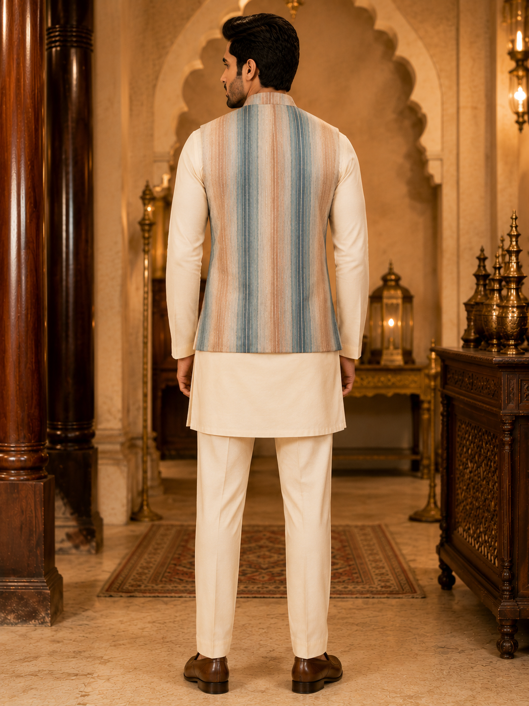 Blue & Beige Striped Woven Nehru Waistcoat