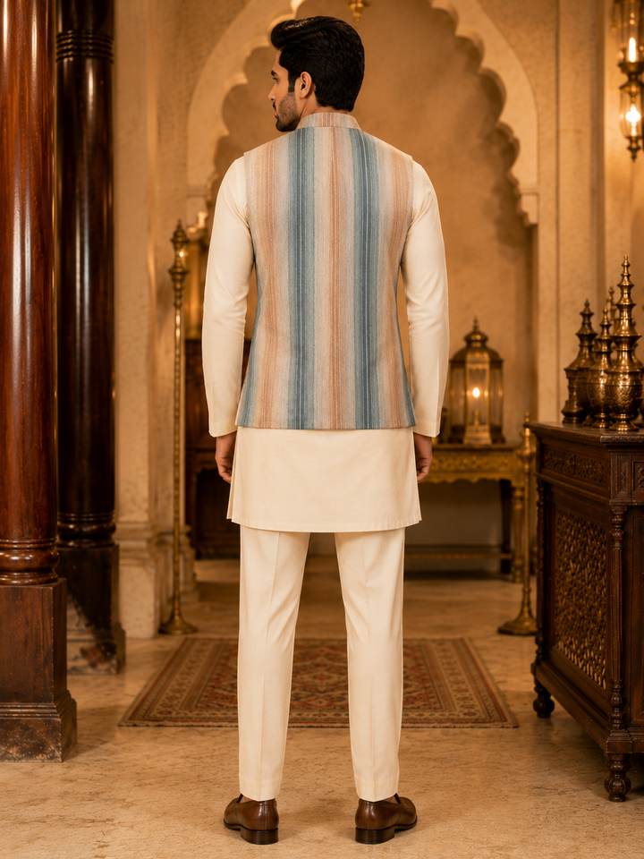 Blue & Beige Striped Woven Nehru Waistcoat