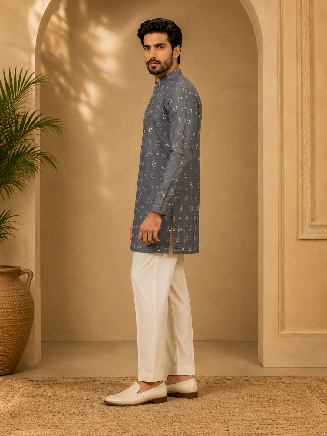 Grey Kurta Set with Woven Floral Motif