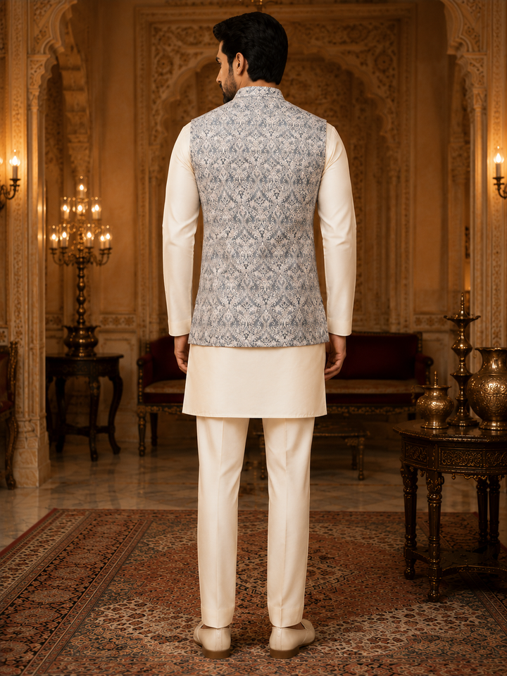 Silver Grey Jacquard Nehru Waistcoat