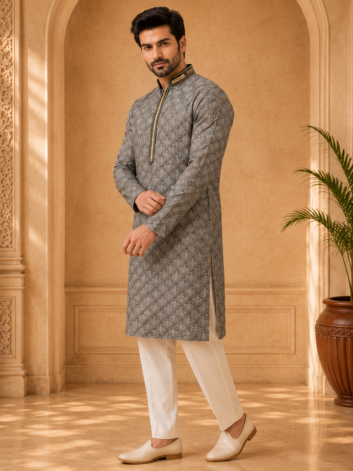 Taupe Kurta Set with Geometric Sequin Woven Design