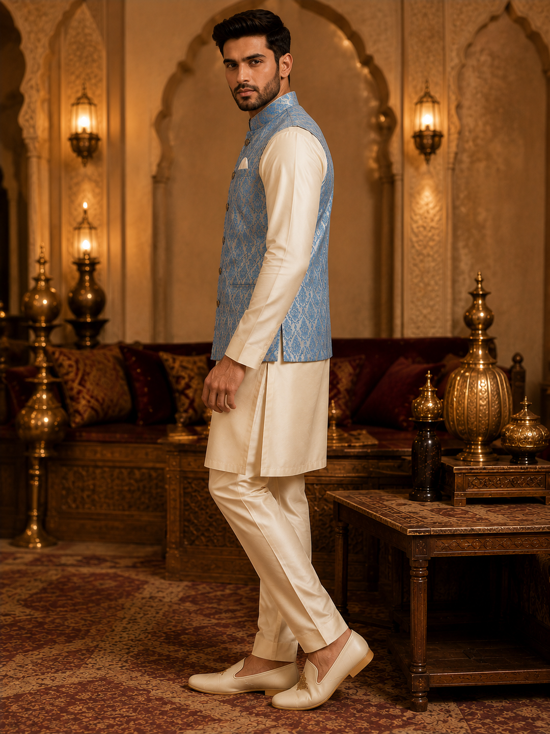 Sky Blue Jacquard Nehru Waistcoat